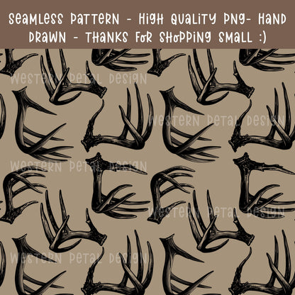 Deer Antler Seamless Pattern PNG, Hunting Digital Paper, Rustic Woodland Pattern, Camo Antler Design, 12x12 Sublimation Download