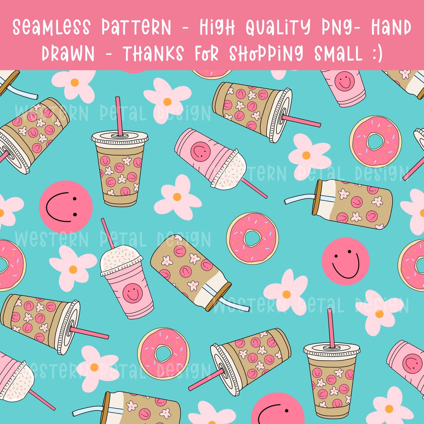 Smiley Coffee Seamless Pattern | Pink Teal Donut Floral PNG (Digital Download