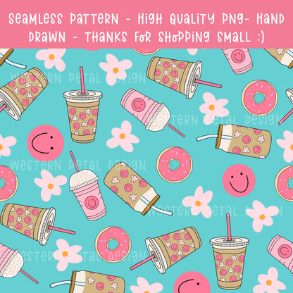 Smiley Coffee Seamless Pattern | Pink Teal Donut Floral PNG (Digital Download