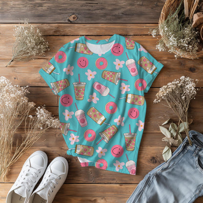 Smiley Coffee Seamless Pattern | Pink Teal Donut Floral PNG (Digital Download