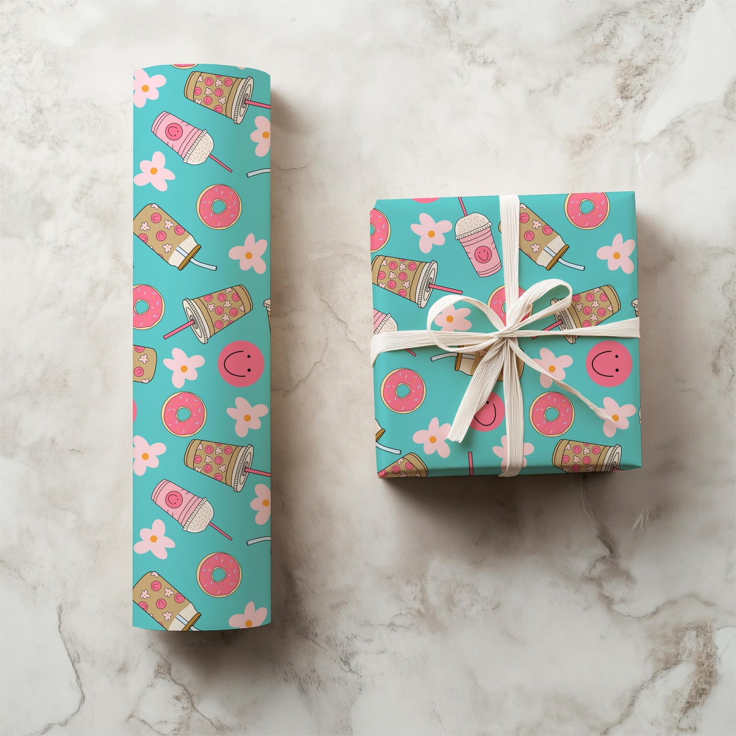 Smiley Coffee Seamless Pattern | Pink Teal Donut Floral PNG (Digital Download