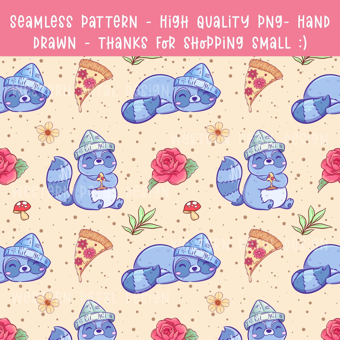 Kawaii Raccoon Seamless Pattern PNG, Cute Pizza Raccoon Digital Paper, Floral Mushroom Woodland Pattern, 12x12 Sublimation Download