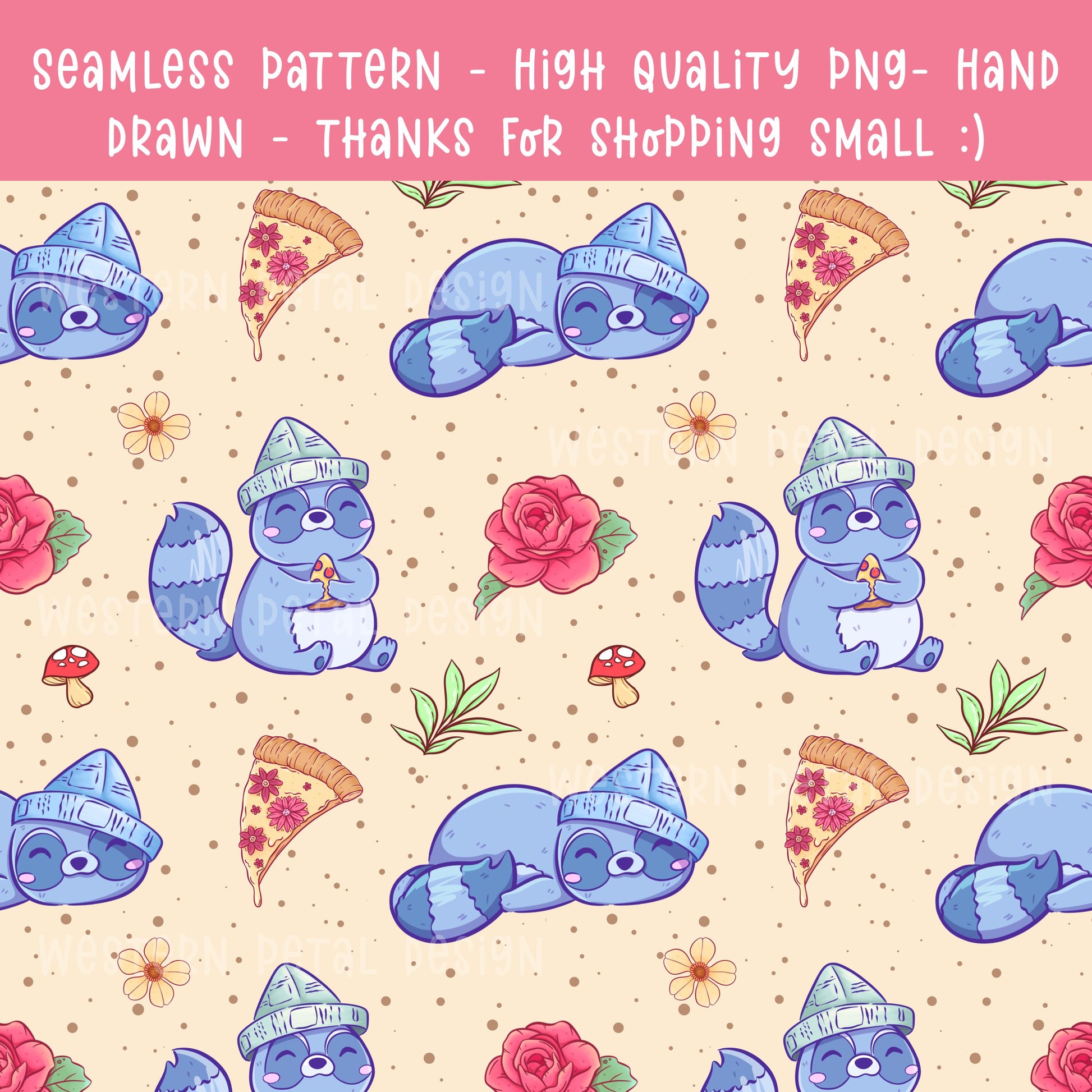 Kawaii Raccoon Seamless Pattern PNG, Cute Pizza Raccoon Digital Paper, Floral Mushroom Woodland Pattern, 12x12 Sublimation Download