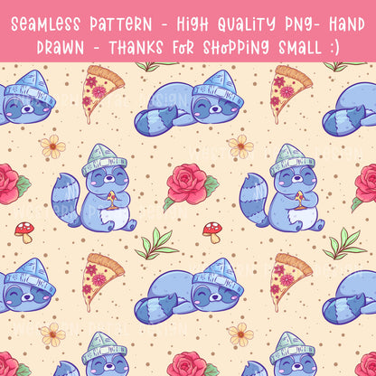 Kawaii Raccoon Seamless Pattern PNG, Cute Pizza Raccoon Digital Paper, Floral Mushroom Woodland Pattern, 12x12 Sublimation Download