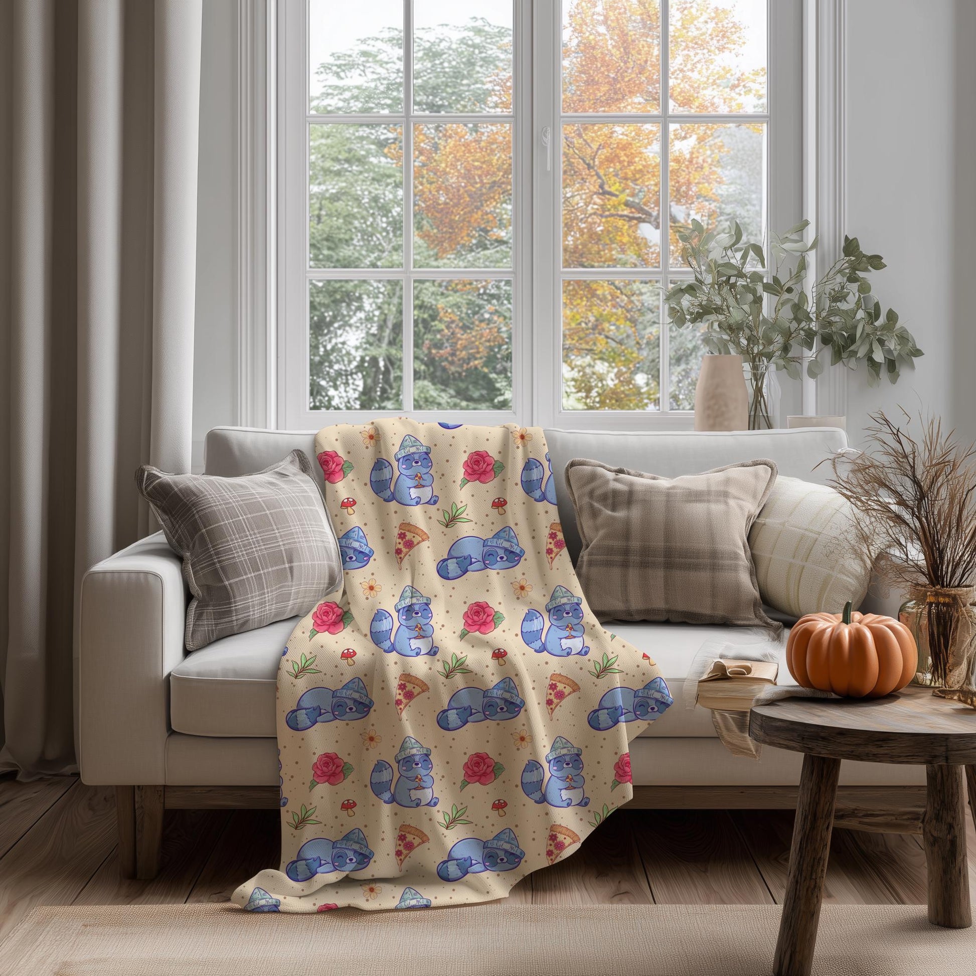 Kawaii Raccoon Seamless Pattern PNG, Cute Pizza Raccoon Digital Paper, Floral Mushroom Woodland Pattern, 12x12 Sublimation Download