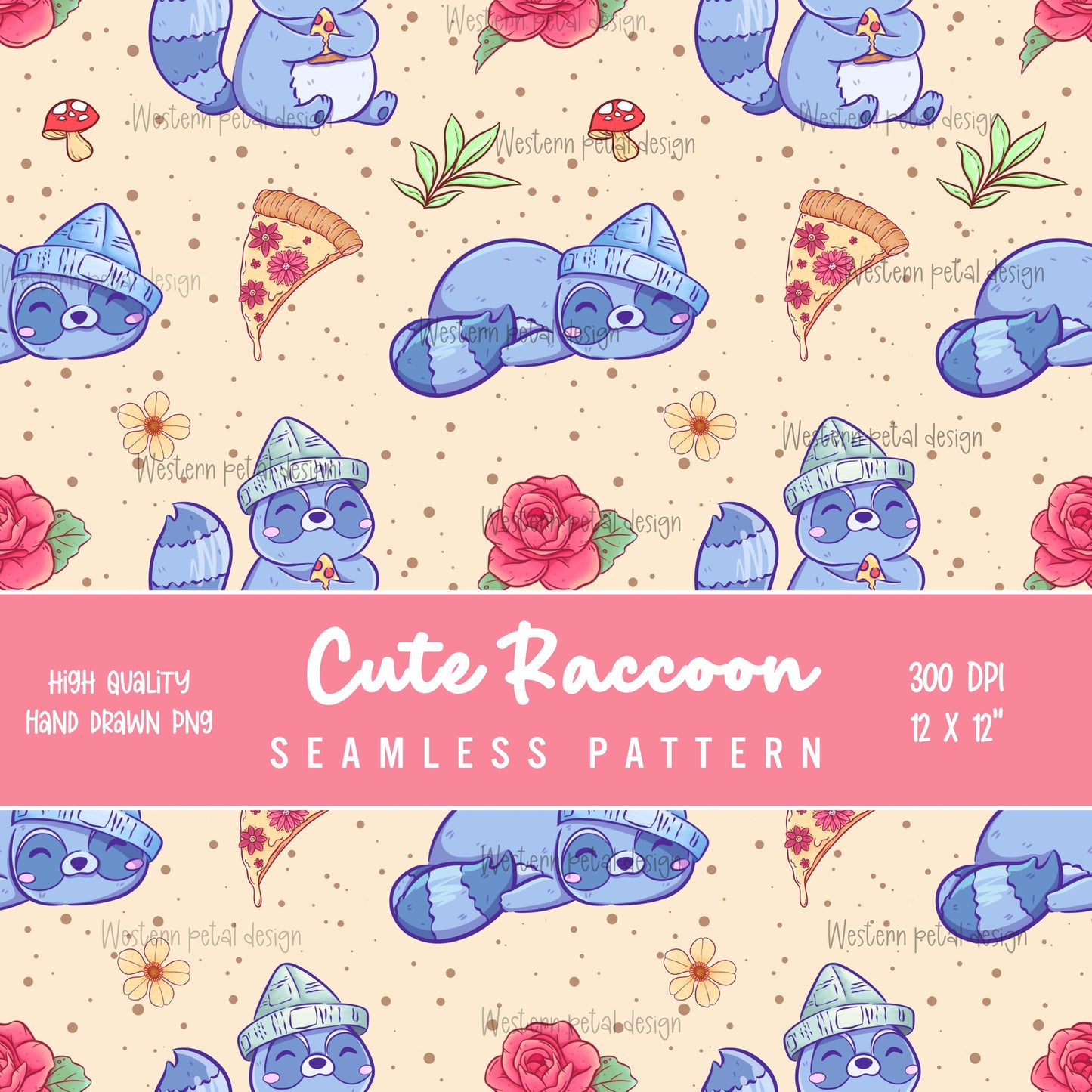 Kawaii Raccoon Seamless Pattern PNG, Cute Pizza Raccoon Digital Paper, Floral Mushroom Woodland Pattern, 12x12 Sublimation Download