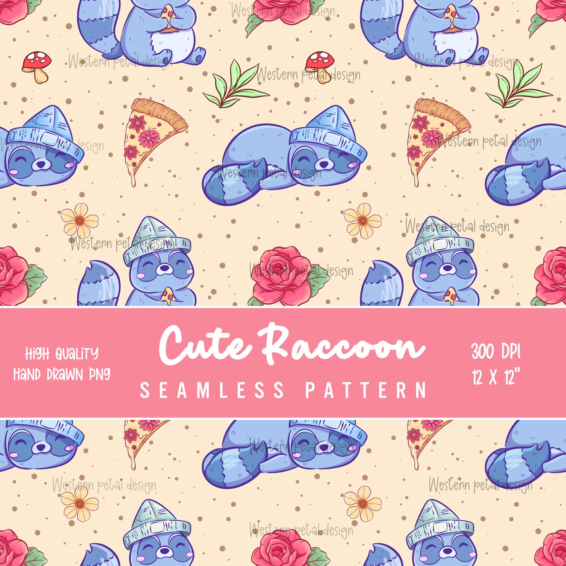 Kawaii Raccoon Seamless Pattern PNG, Cute Pizza Raccoon Digital Paper, Floral Mushroom Woodland Pattern, 12x12 Sublimation Download