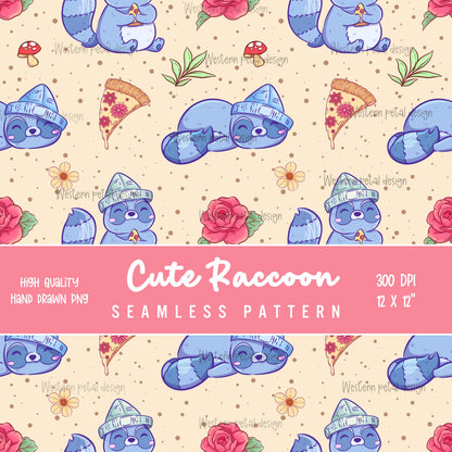 Kawaii Raccoon Seamless Pattern PNG, Cute Pizza Raccoon Digital Paper, Floral Mushroom Woodland Pattern, 12x12 Sublimation Download