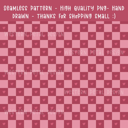 Pink heart checkerboard seamless digital pattern
