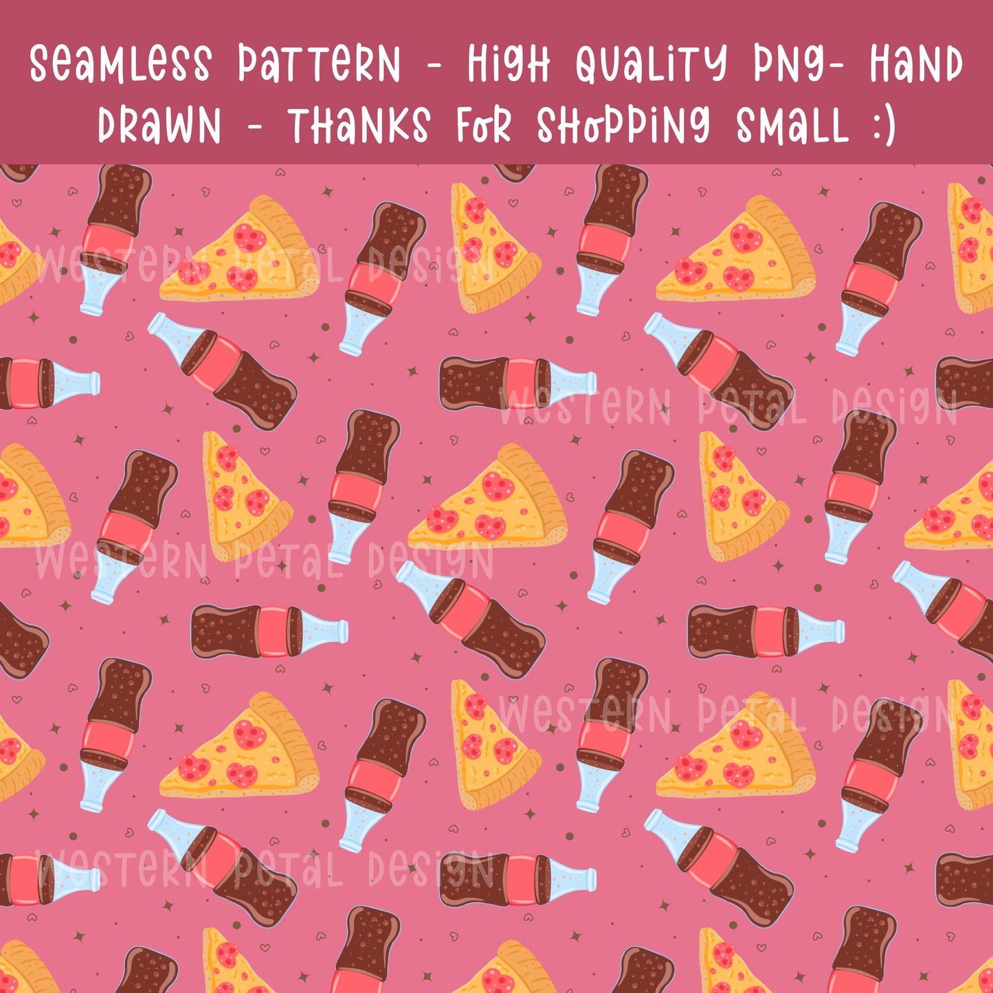 Pizza and soda seamless digital pattern with pink background