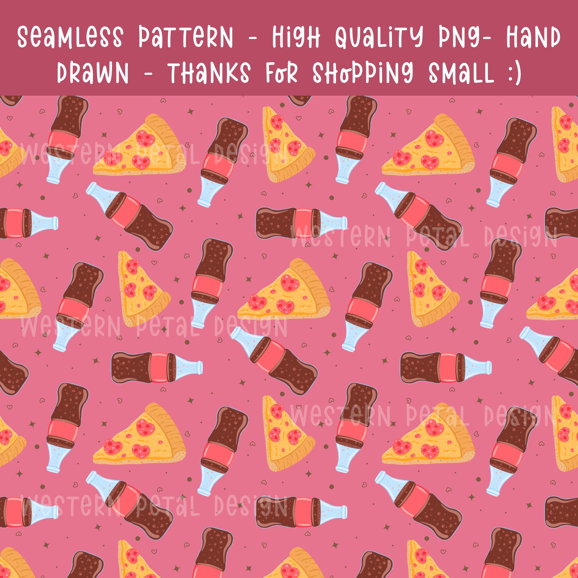 Pizza and soda seamless digital pattern with pink background