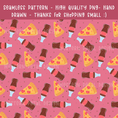 Pizza and soda seamless digital pattern with pink background