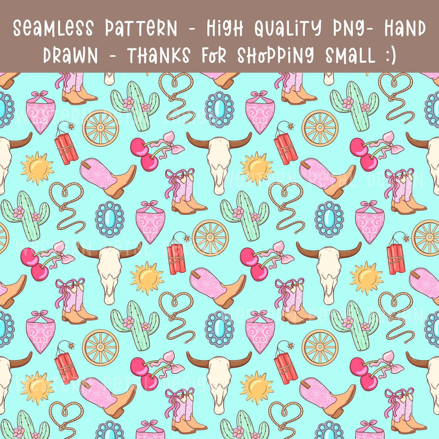 Cowgirl Icon Seamless Pattern | Pink Turquoise Western Digital Paper (PNG)