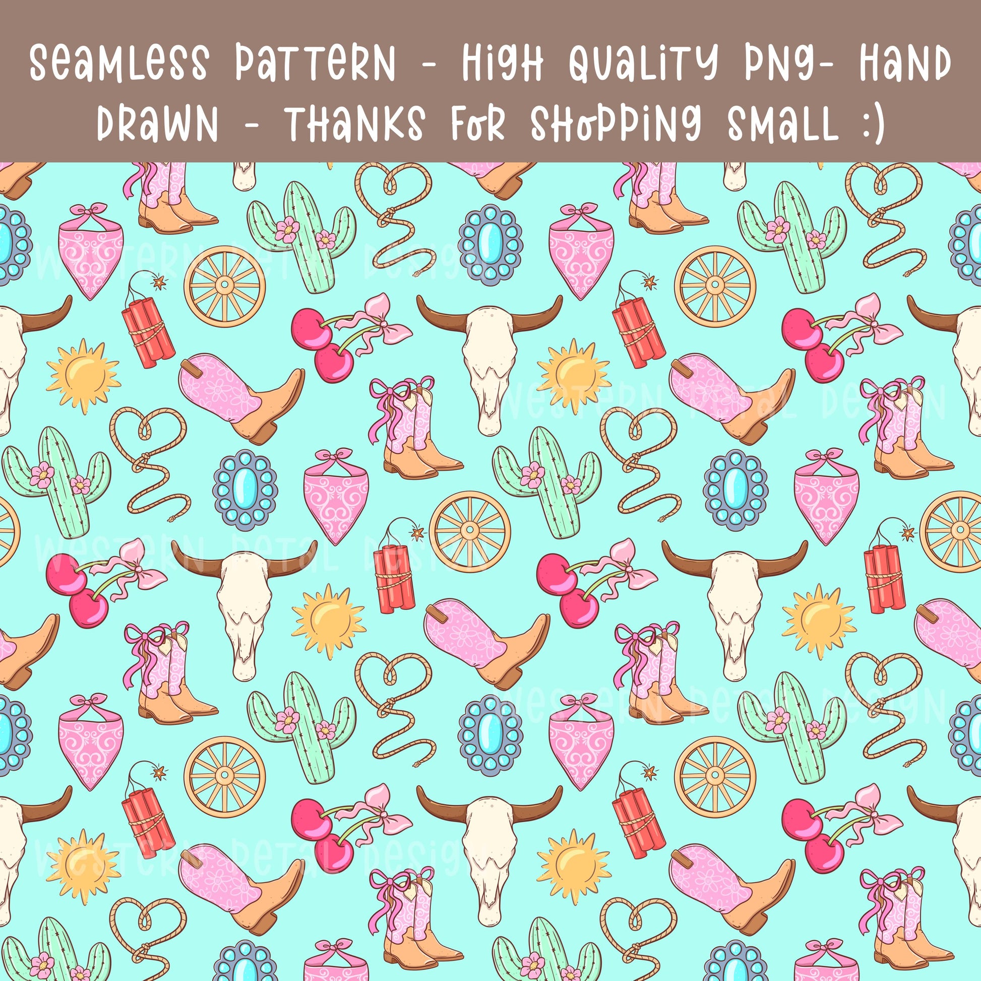 Cowgirl Icon Seamless Pattern | Pink Turquoise Western Digital Paper (PNG)