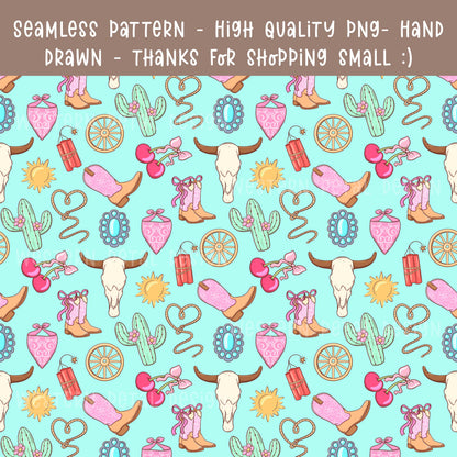 Cowgirl Icon Seamless Pattern | Pink Turquoise Western Digital Paper (PNG)