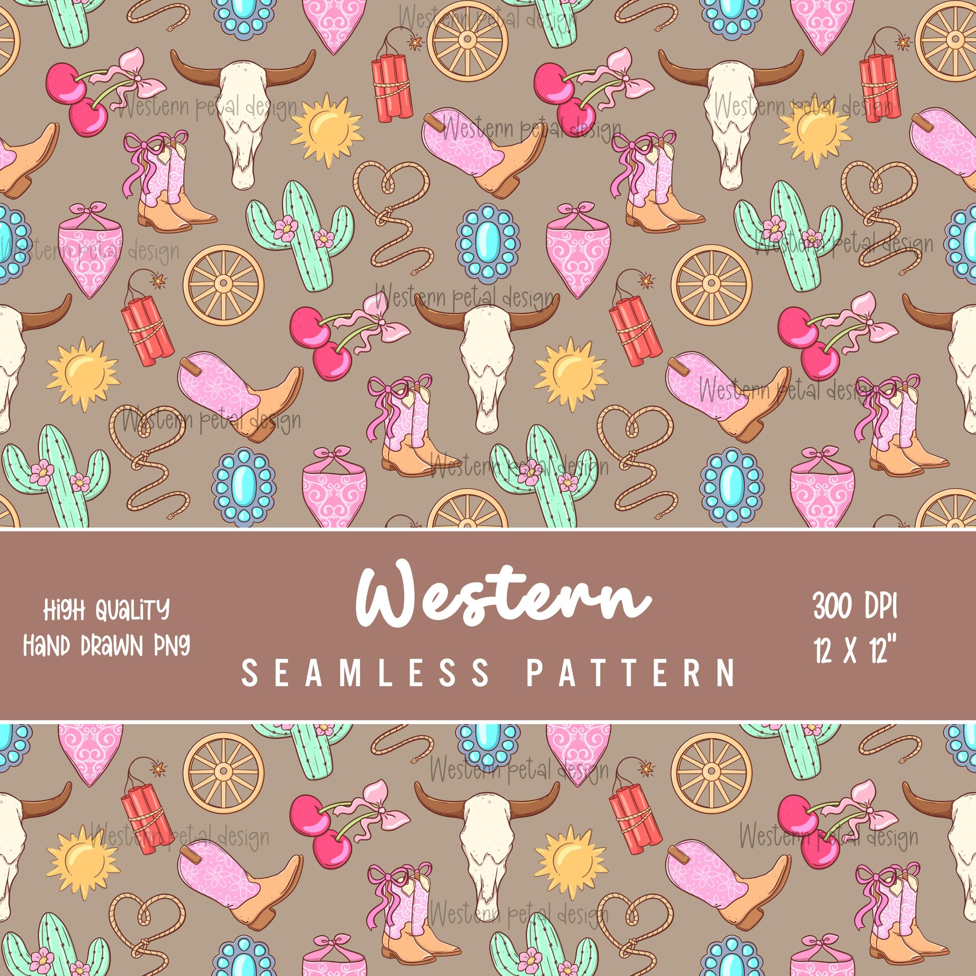 Cowgirl icon seamless digital pattern with western boots and cow skulls