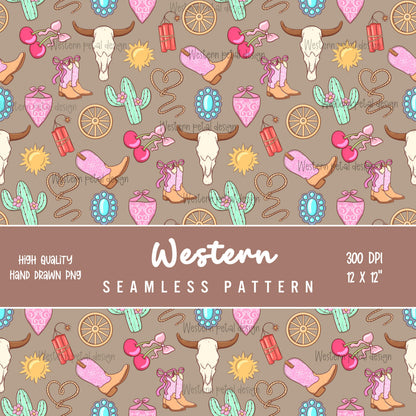 Cowgirl icon seamless digital pattern with western boots and cow skulls