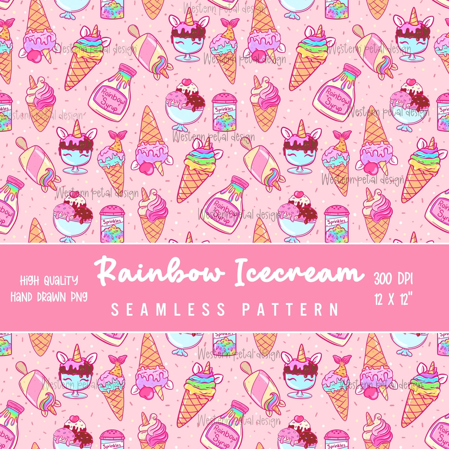 Rainbow Ice Cream Seamless Pattern | Unicorn Dessert Digital Paper (12x12, 300 DPI) (Digital Download)