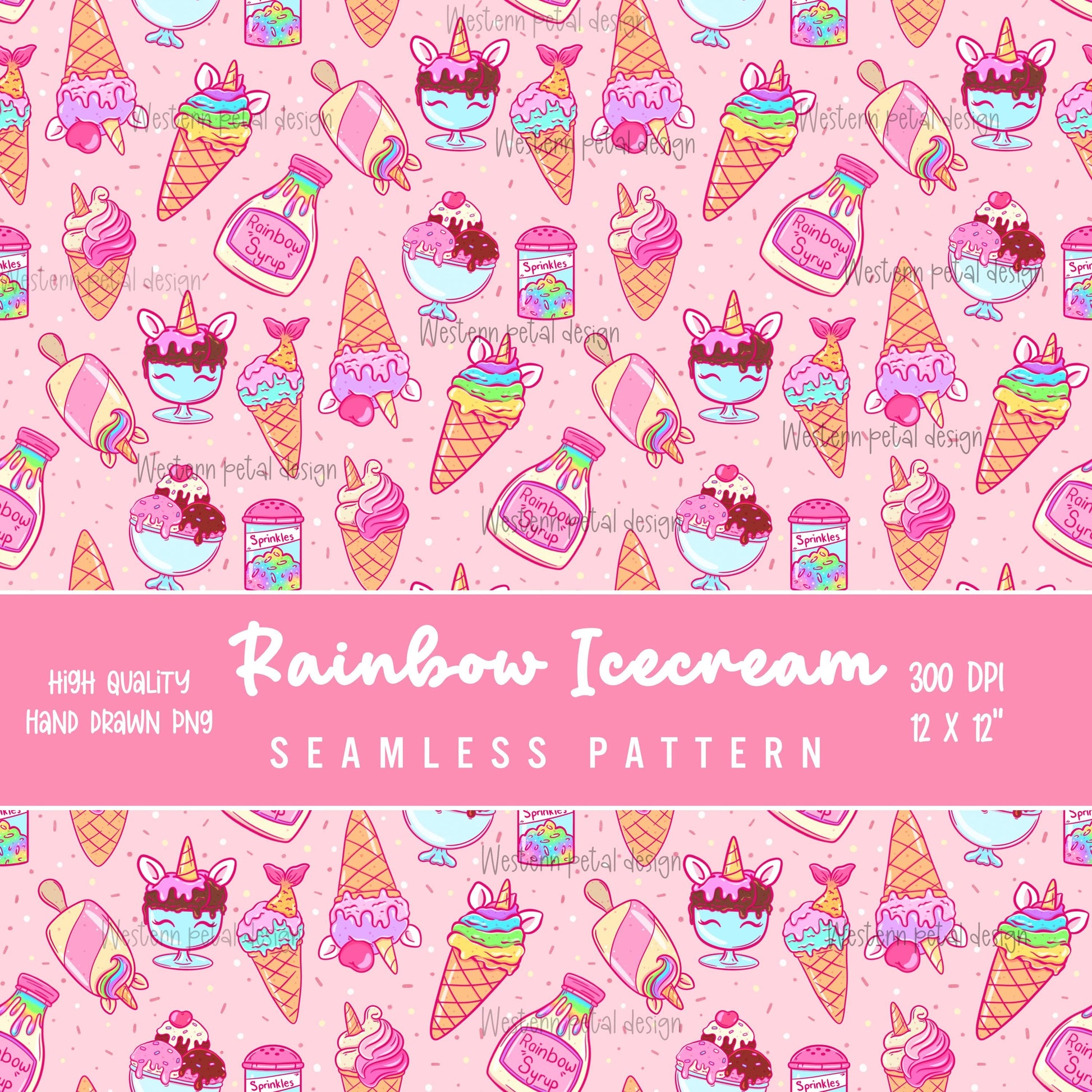 Rainbow Ice Cream Seamless Pattern | Unicorn Dessert Digital Paper (12x12, 300 DPI) (Digital Download)
