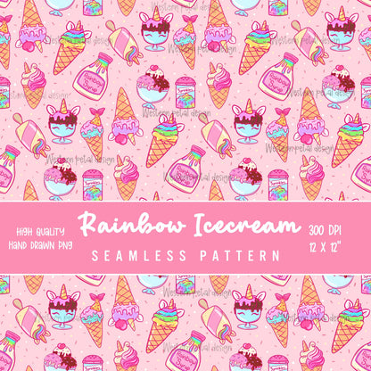 Rainbow Ice Cream Seamless Pattern | Unicorn Dessert Digital Paper (12x12, 300 DPI) (Digital Download)