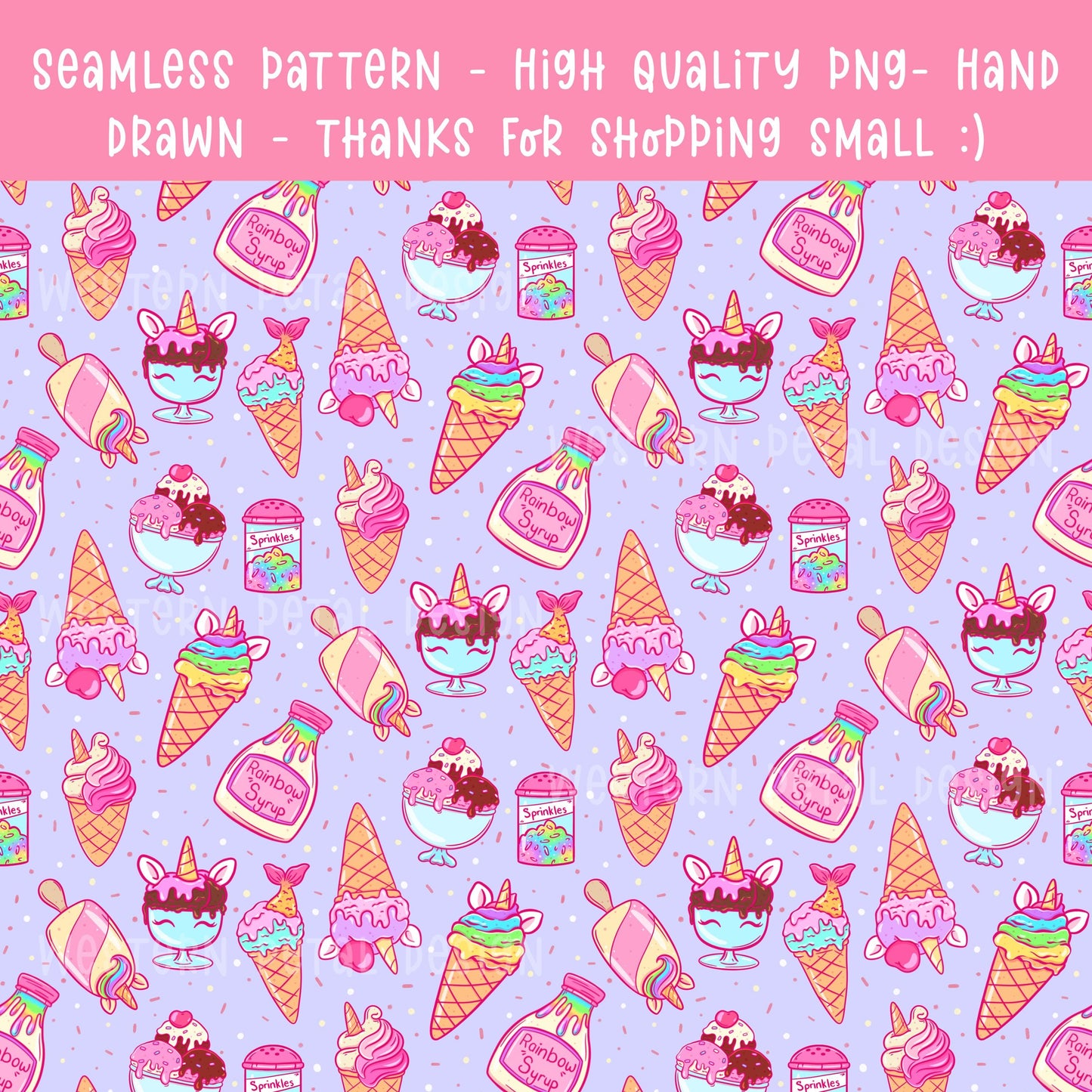 Rainbow Ice Cream Seamless Pattern | Unicorn Dessert Digital Paper (12x12 inch, 300 DPI)