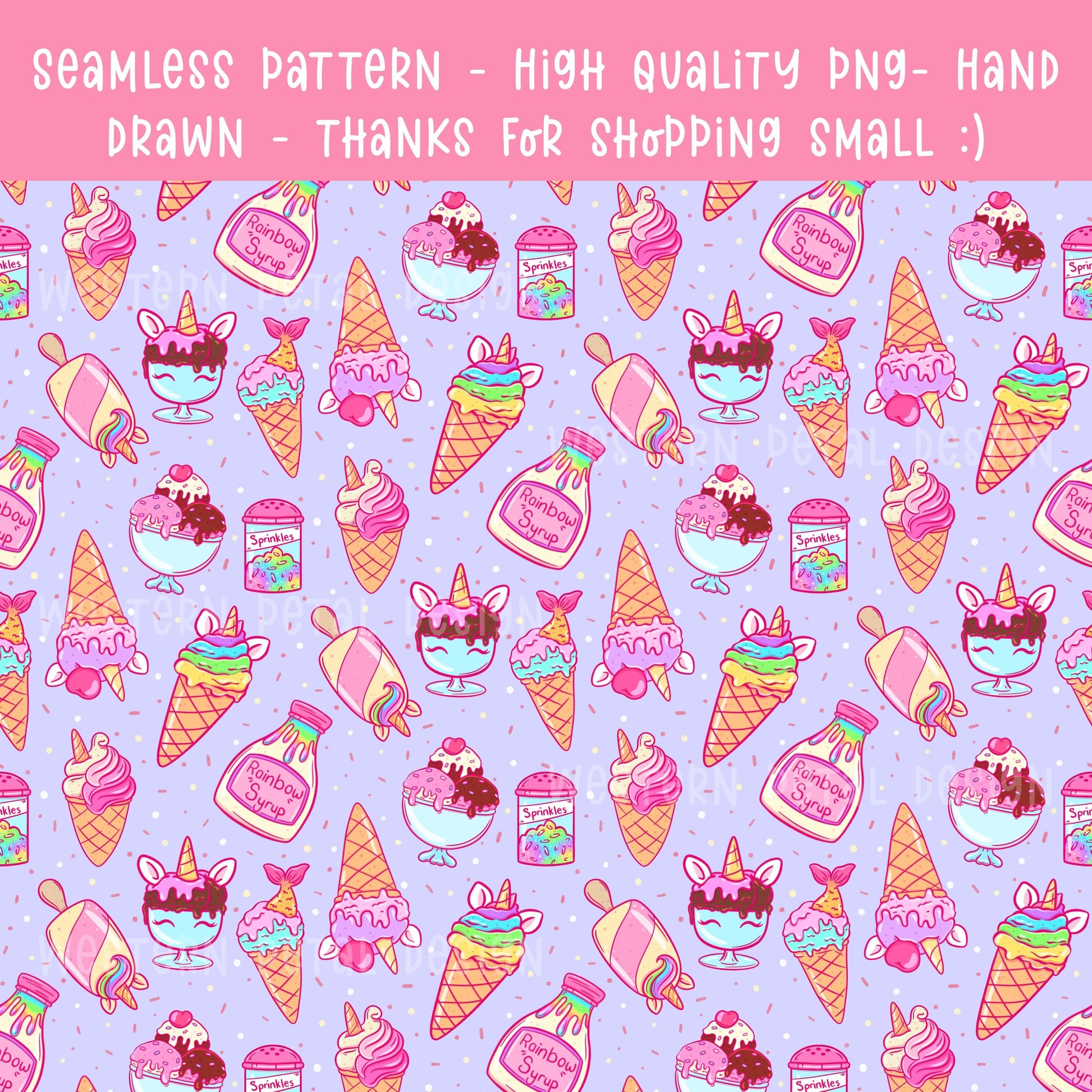Rainbow Ice Cream Seamless Pattern | Unicorn Dessert Digital Paper (12x12 inch, 300 DPI)