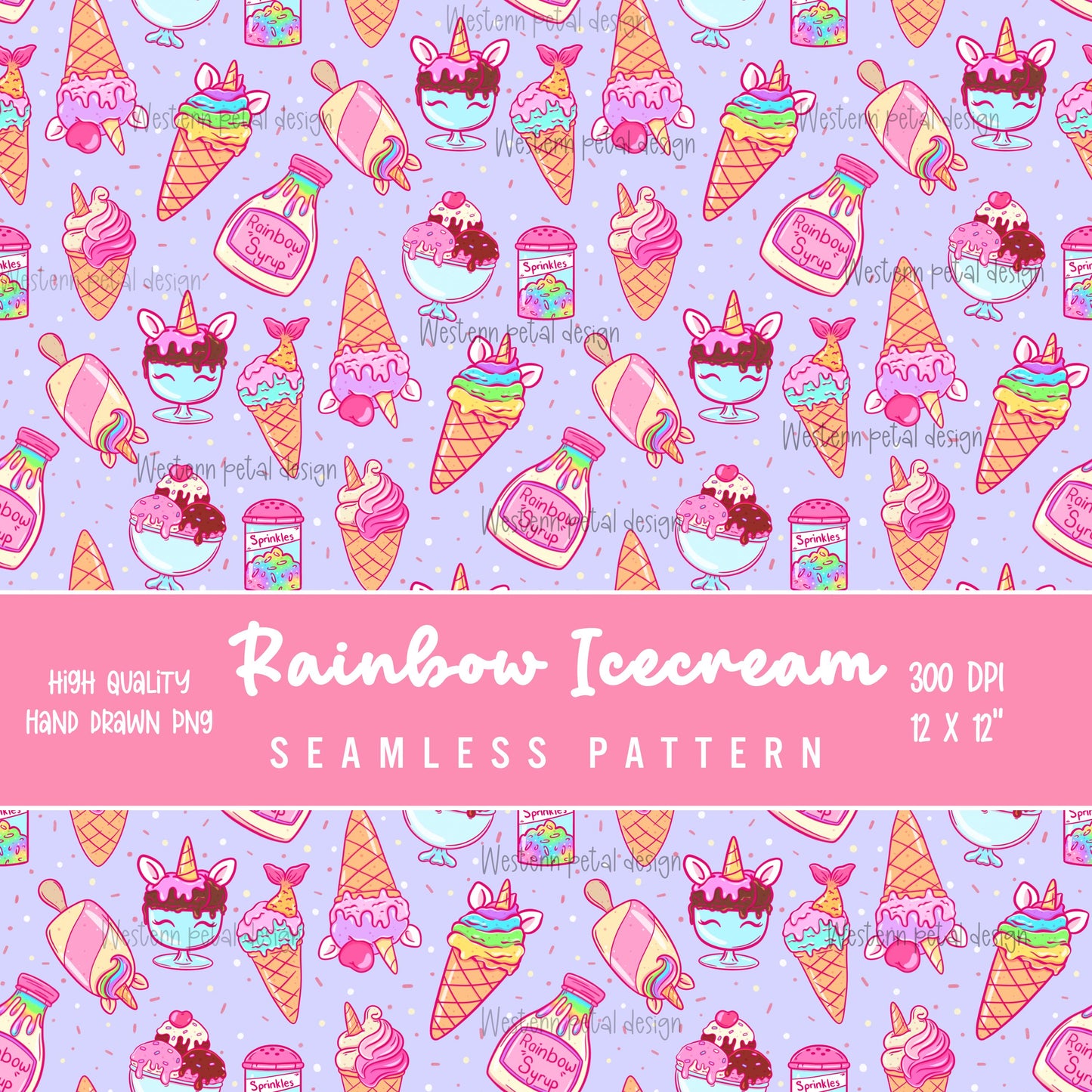 Rainbow Ice Cream Seamless Pattern | Unicorn Dessert Digital Paper (12x12 inch, 300 DPI)