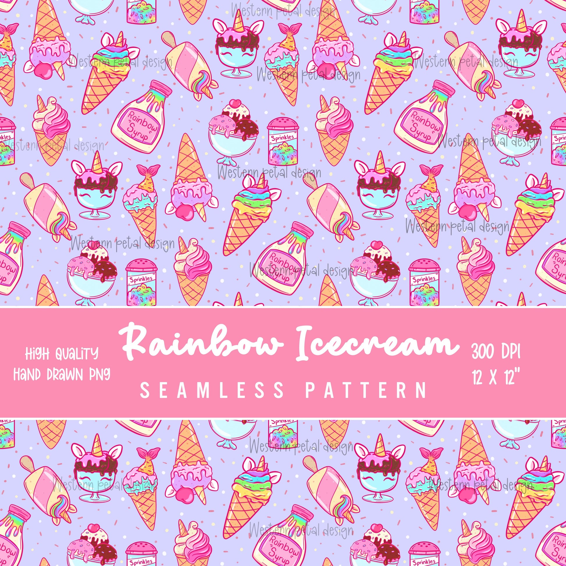 Rainbow Ice Cream Seamless Pattern | Unicorn Dessert Digital Paper (12x12 inch, 300 DPI)