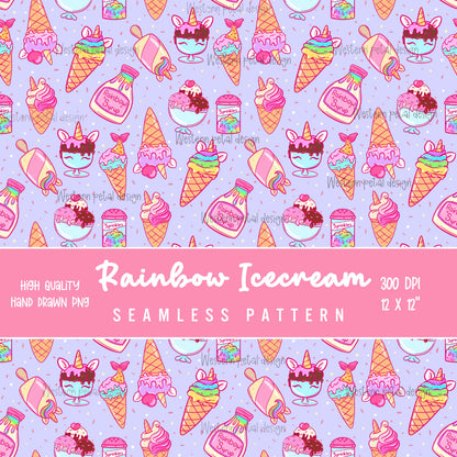 Rainbow Ice Cream Seamless Pattern | Unicorn Dessert Digital Paper (12x12 inch, 300 DPI)