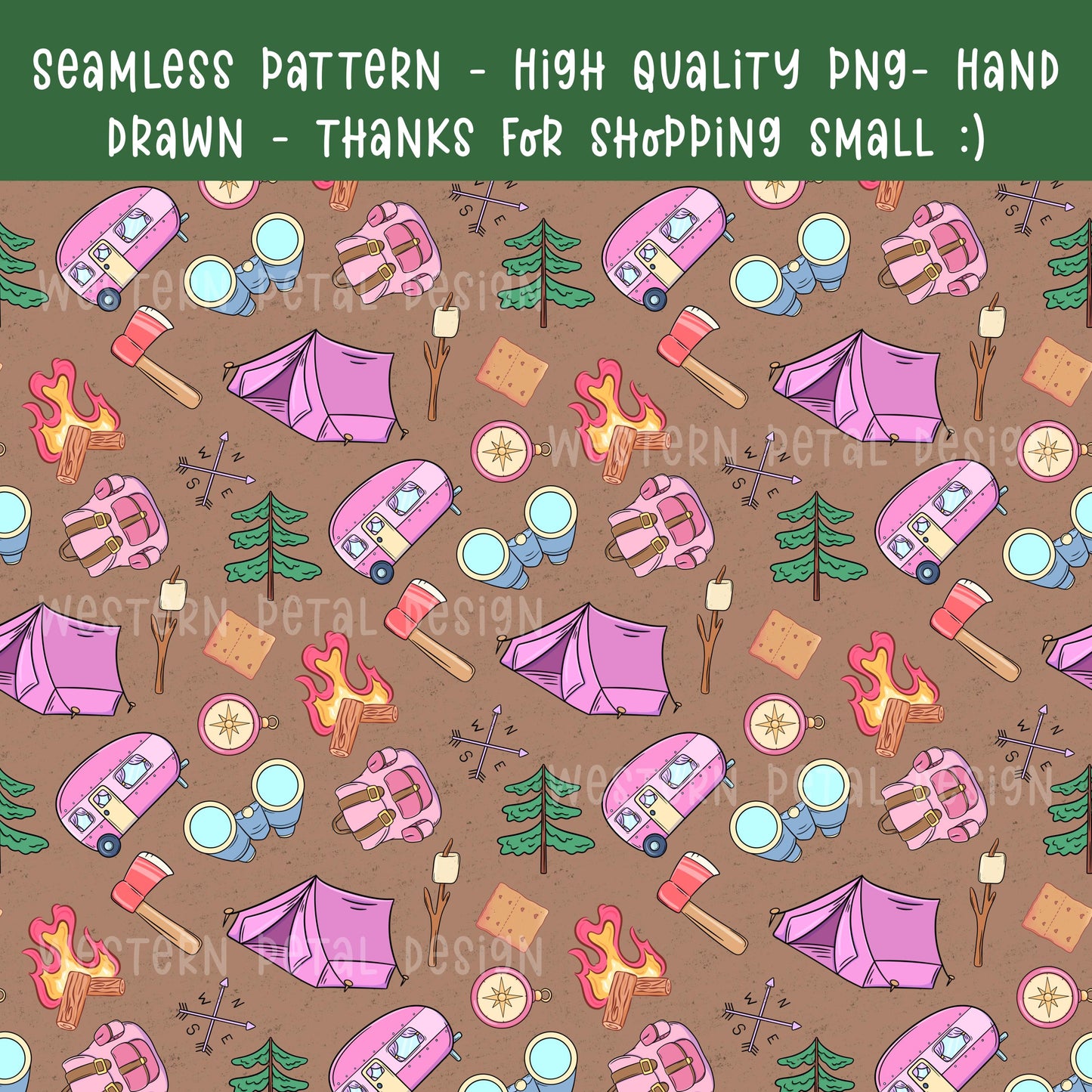 Pink camping seamless pattern with camper trailers, tents, campfires, backpacks, trees, and s’mores on a brown background in a cute illustrated style