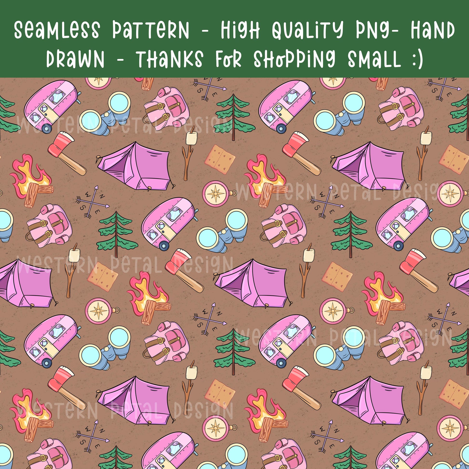Pink camping seamless pattern with camper trailers, tents, campfires, backpacks, trees, and s’mores on a brown background in a cute illustrated style