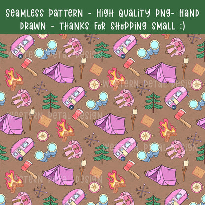 Pink camping seamless pattern with camper trailers, tents, campfires, backpacks, trees, and s’mores on a brown background in a cute illustrated style
