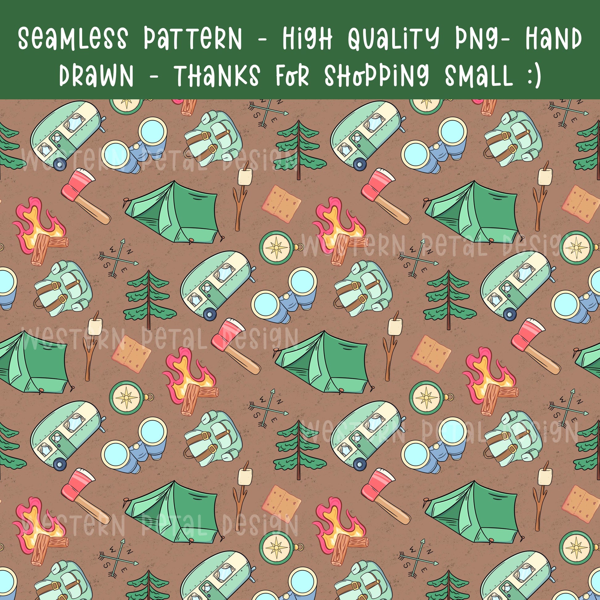 Boys camping seamless pattern with tents, camper trailers, campfires, backpacks, trees, and outdoor gear on a brown background