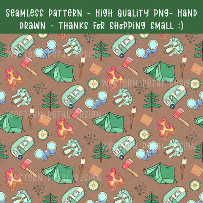 Boys camping seamless pattern with tents, camper trailers, campfires, backpacks, trees, and outdoor gear on a brown background