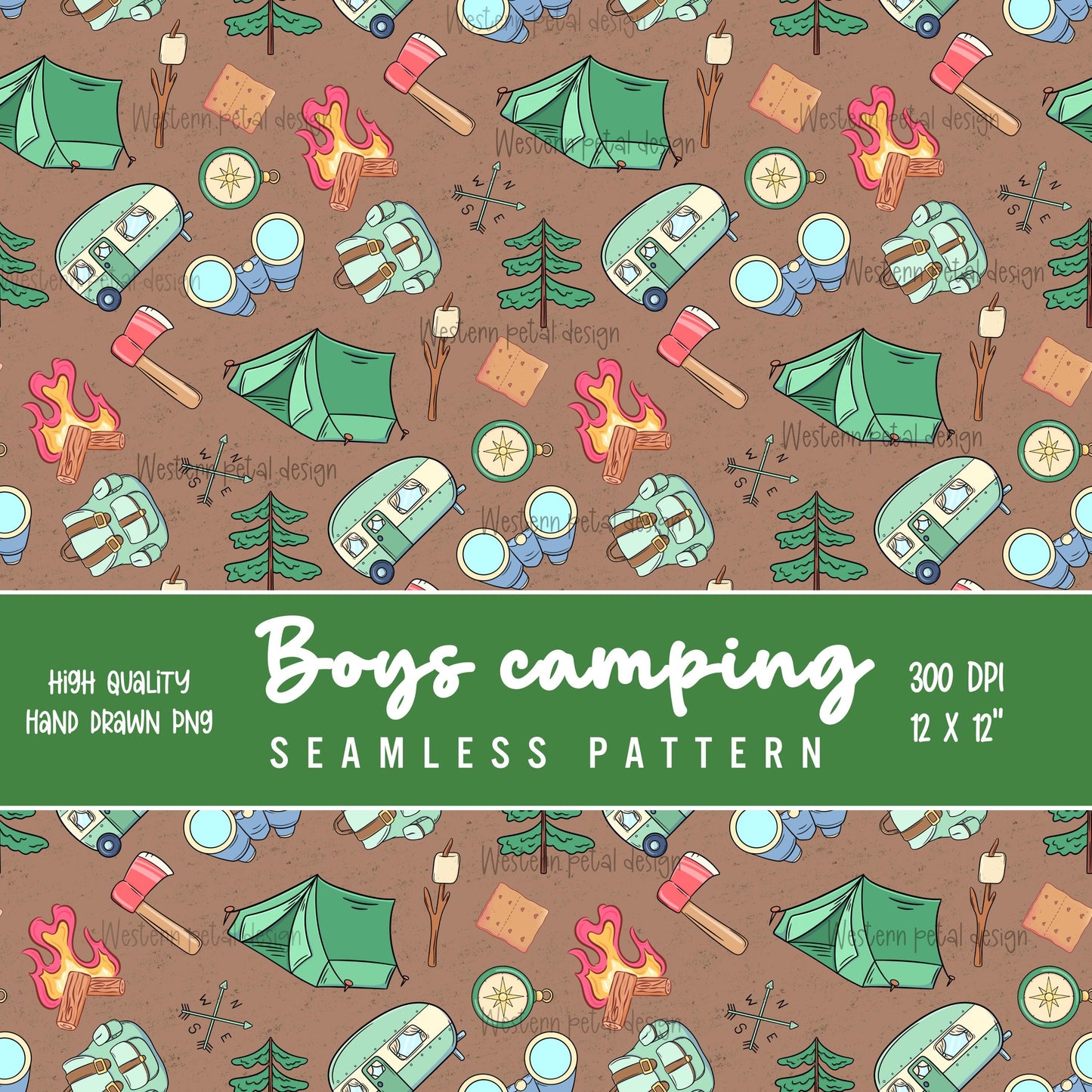 Boys camping seamless pattern with tents, camper trailers, campfires, backpacks, trees, and outdoor gear on a brown background