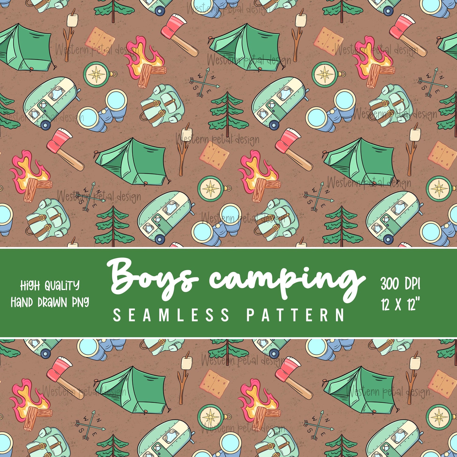 Boys camping seamless pattern with tents, camper trailers, campfires, backpacks, trees, and outdoor gear on a brown background