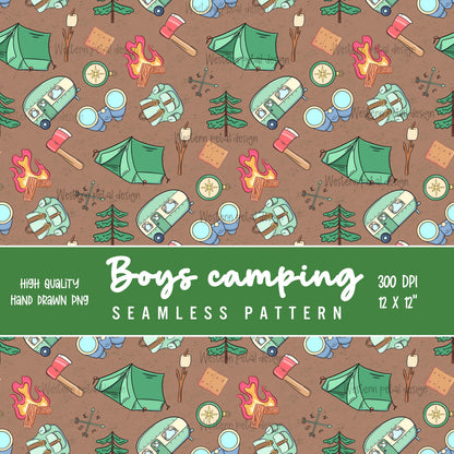 Boys camping seamless pattern with tents, camper trailers, campfires, backpacks, trees, and outdoor gear on a brown background