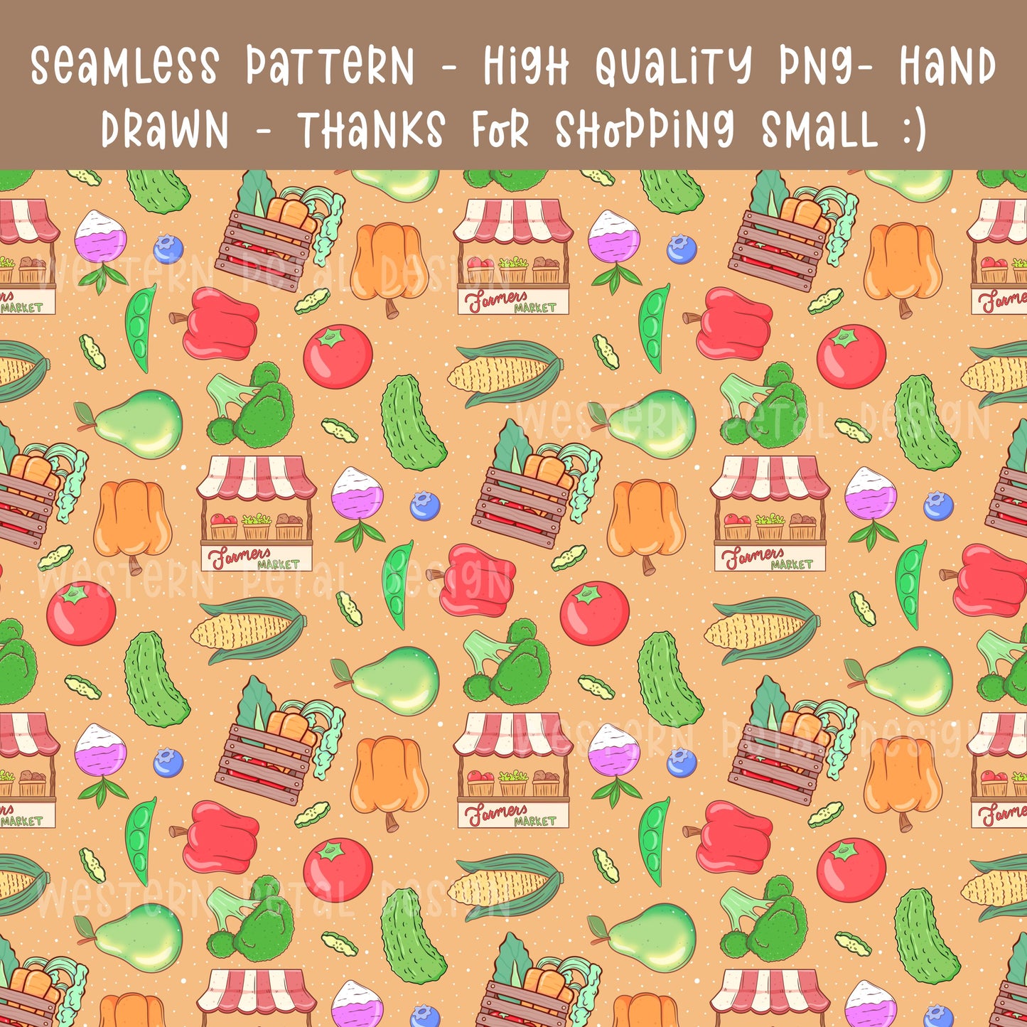 Farmers market seamless pattern with hand drawn fruits, vegetables, produce crates, and market stands on a warm neutral background