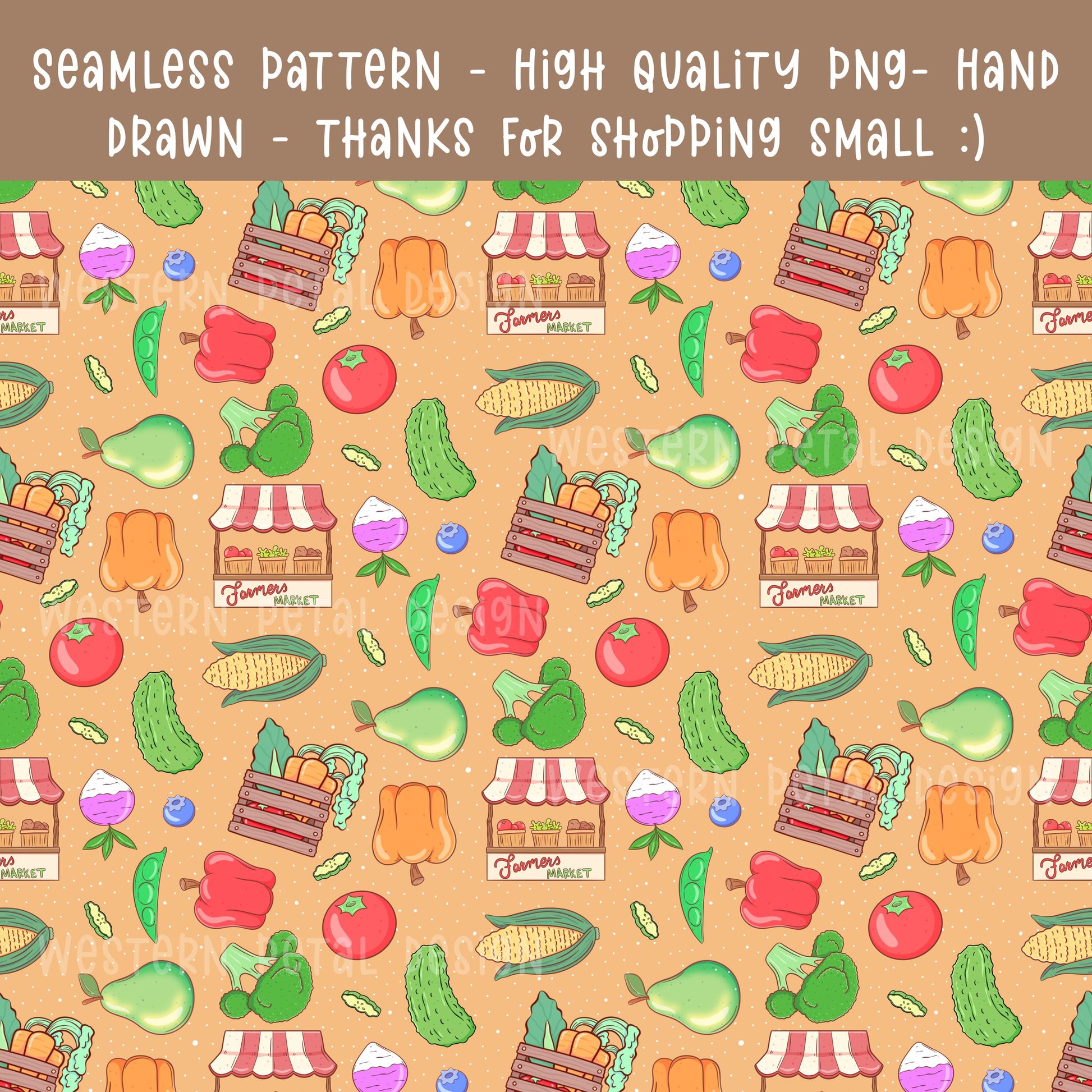 Farmers market seamless pattern with hand drawn fruits, vegetables, produce crates, and market stands on a warm neutral background