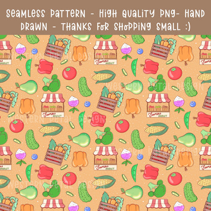 Farmers market seamless pattern with hand drawn fruits, vegetables, produce crates, and market stands on a warm neutral background