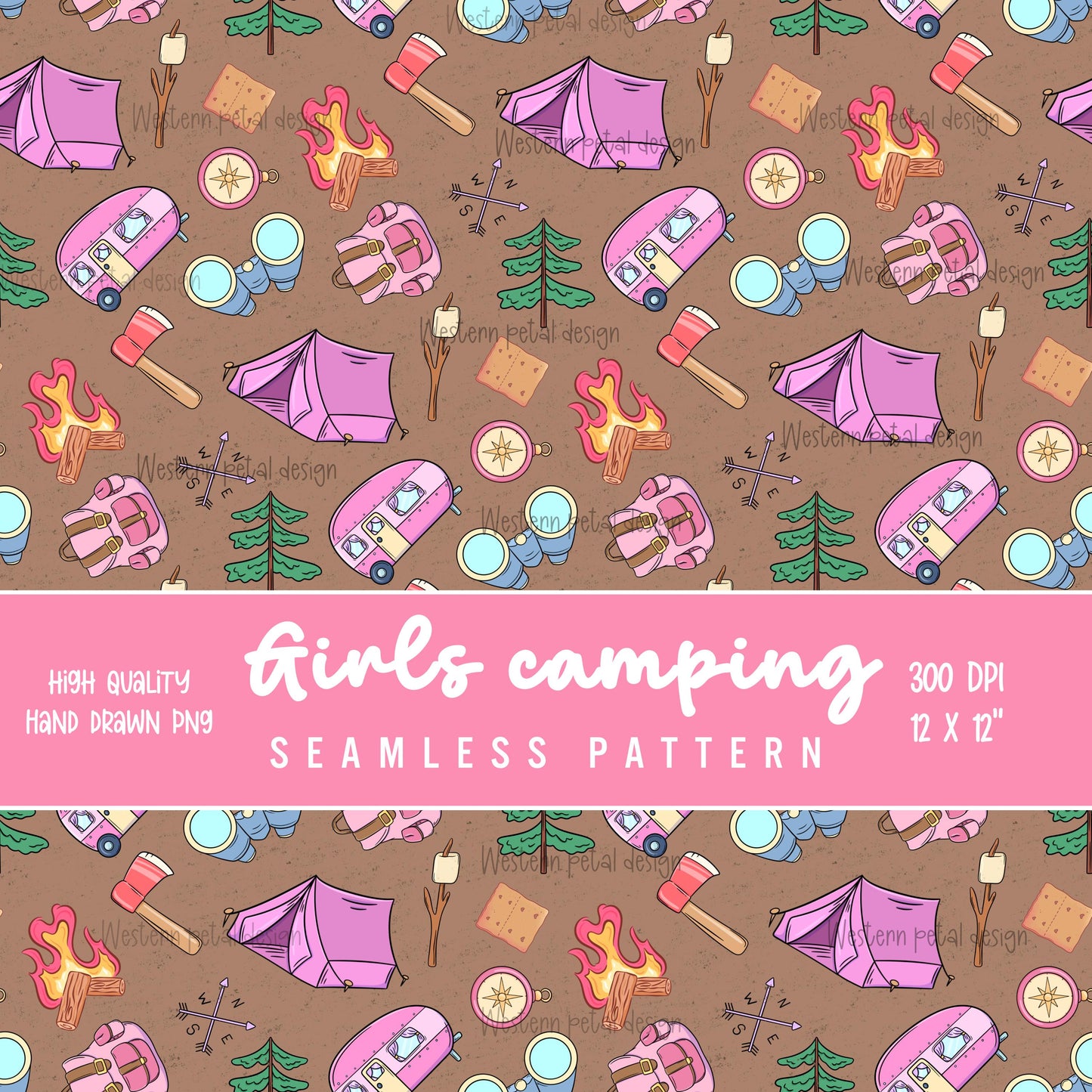 Pink camping seamless pattern with camper trailers, tents, campfires, backpacks, trees, and s’mores on a brown background in a cute illustrated style