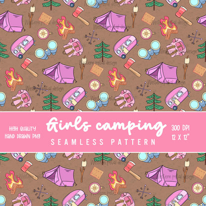 Pink camping seamless pattern with camper trailers, tents, campfires, backpacks, trees, and s’mores on a brown background in a cute illustrated style