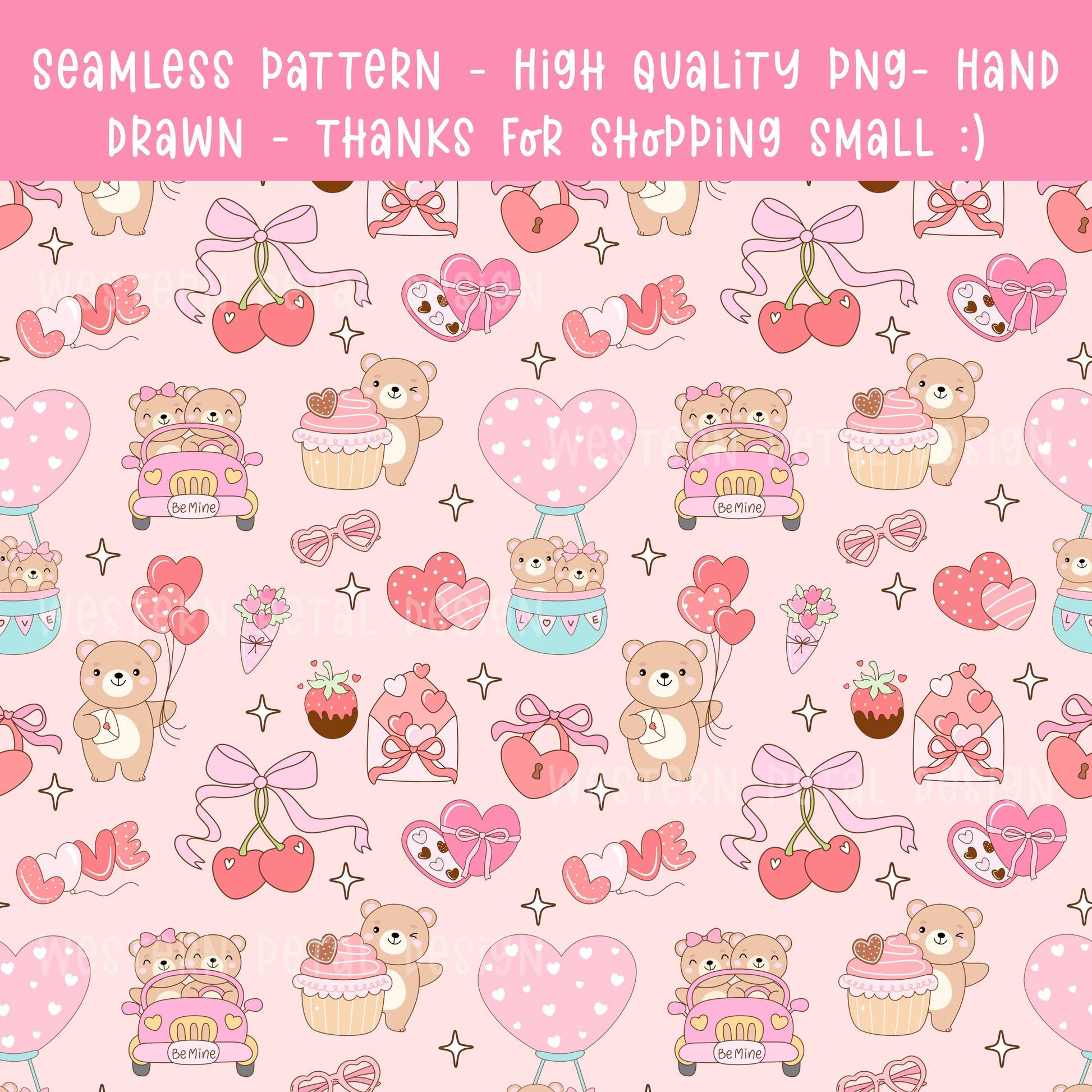 Teddy Bear Hearts Seamless Pattern, Valentine's Day, Pink Vday PNG (300 DPI)