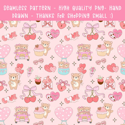 Teddy Bear Hearts Seamless Pattern, Valentine's Day, Pink Vday PNG (300 DPI)