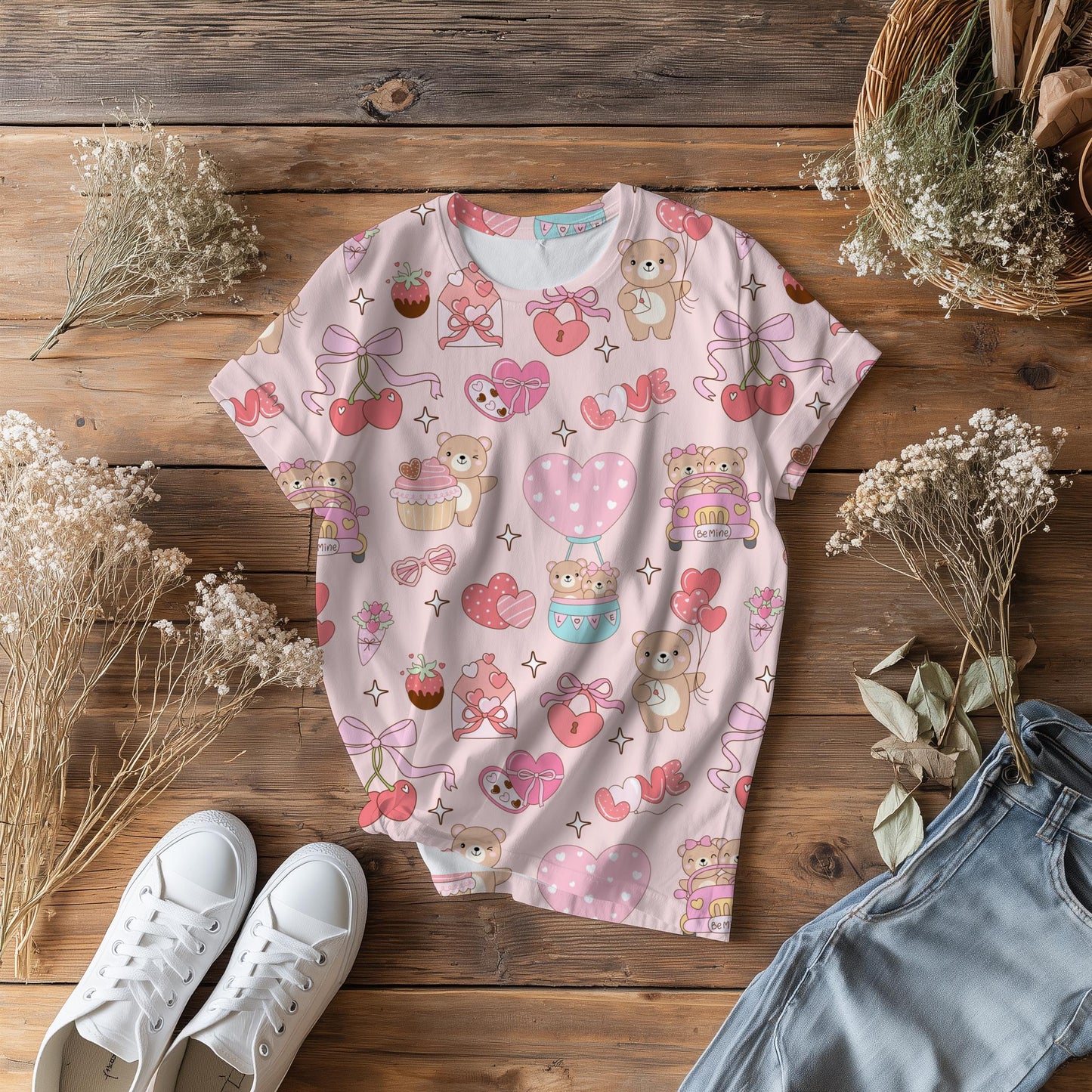 Teddy Bear Hearts Seamless Pattern, Valentine's Day, Pink Vday PNG (300 DPI)