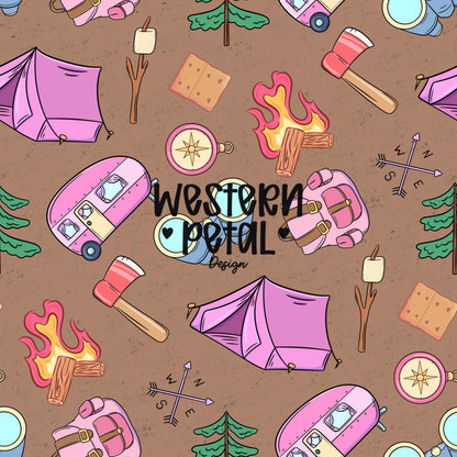 Pink Camping Seamless Pattern, Girly Outdoor Adventure Digital Paper, Camper Trailer Tent Campfire Background