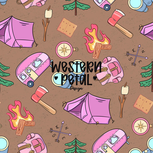 Pink Camping Seamless Pattern, Girly Outdoor Adventure Digital Paper, Camper Trailer Tent Campfire Background