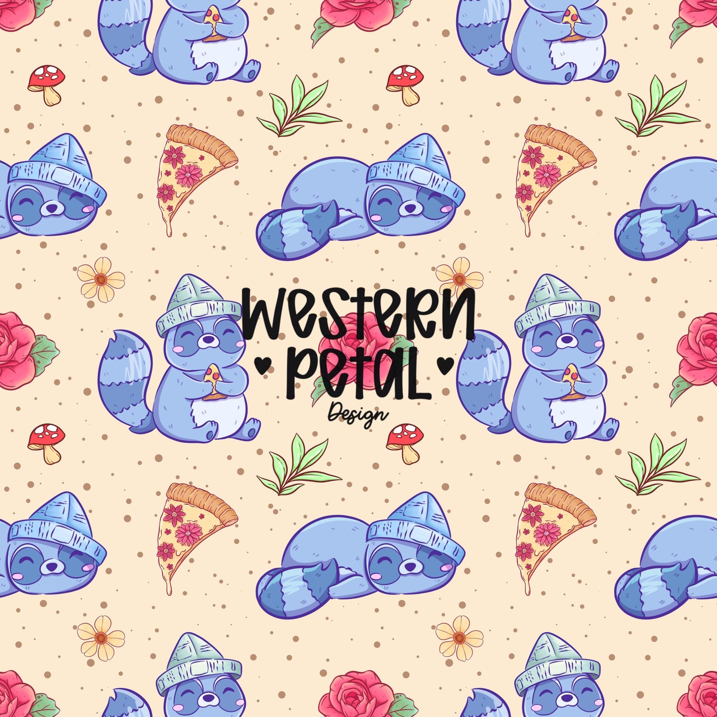 Kawaii Raccoon Seamless Pattern PNG, Cute Pizza Raccoon Digital Paper, Floral Mushroom Woodland Pattern, 12x12 Sublimation Download
