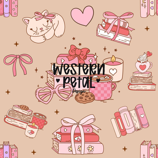 Bookish Seamless Pattern PNG, Coquette Pink Digital Paper, Cozy Reading Aesthetic, Books Coffee Cat Bows, Cute Scrapbook Background