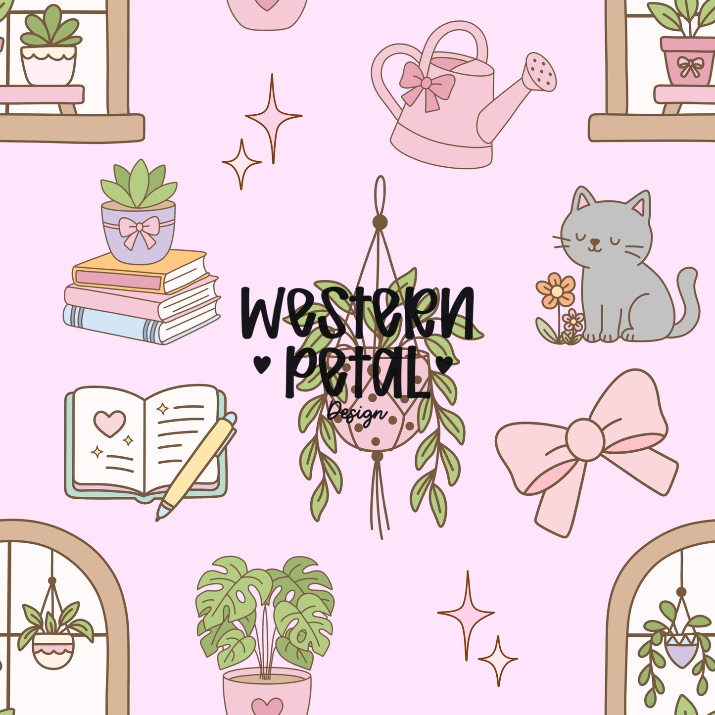 Houseplant Seamless Pattern PNG, Cottagecore Plant Digital Paper, Cozy Cat Books Pattern, Pink Botanical Design, 12x12 Sublimation Download